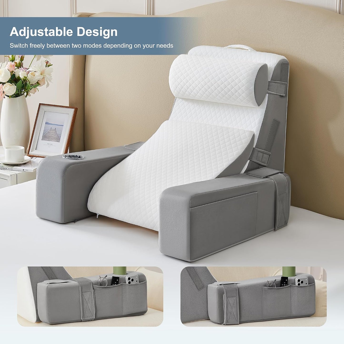 Reading Pillow for Bed with Adjustable Armrests and Side Pockets, Back Pillow for Bed Sitting Up, Sit Up Pillow, and Bed Pillows for Sitting Up, Ideal for Reading, Watching TV and Relaxing, Light Gray