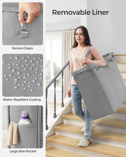 SONGMICS Laundry Basket with Wheels, 4-Section Rolling Laundry Hamper, 68.6 Gallons (260 L), Removable Liner, Steel Frame with Handle, 43.3 x 15.4 x 31.9 Inches, Cream White URLS014W01
