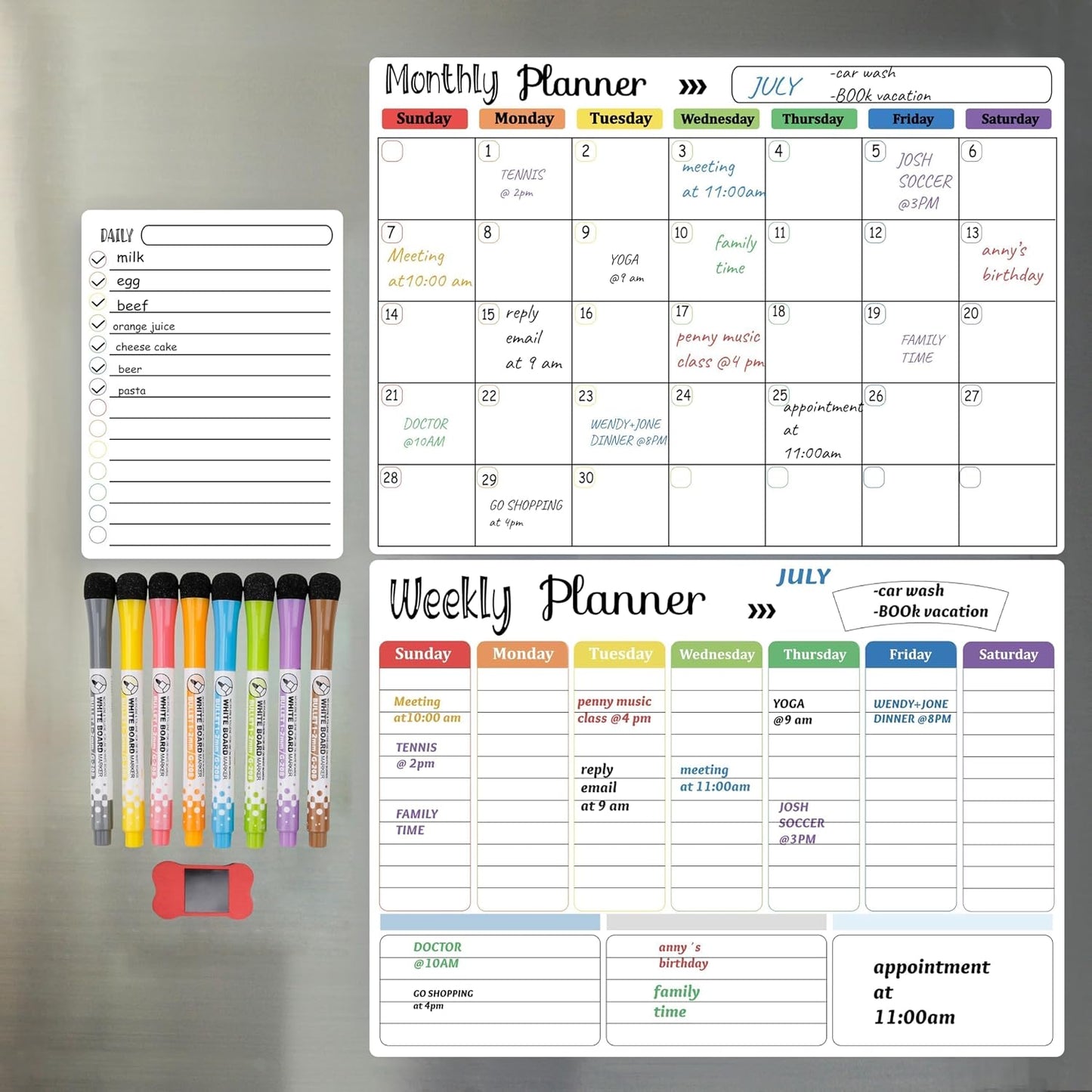 Hivillexun Magnetic Dry Erase Calendar Whiteboard Set (4-Pack) for Home and Kitchen, with Monthly and Weekly Views (16.5” x 11.8”), Magnetic Whiteboard and Daily Planners (12” x 8”) 8 Markers & Eraser