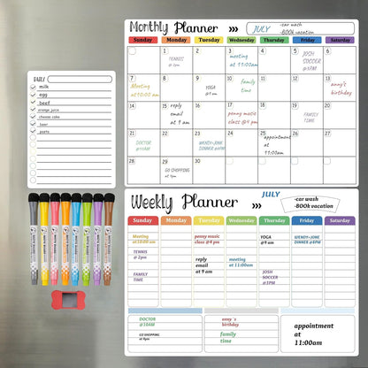 Hivillexun Magnetic Dry Erase Calendar Whiteboard Set (4-Pack) for Home and Kitchen, with Monthly and Weekly Views (16.5” x 11.8”), Magnetic Whiteboard and Daily Planners (12” x 8”) 8 Markers & Eraser