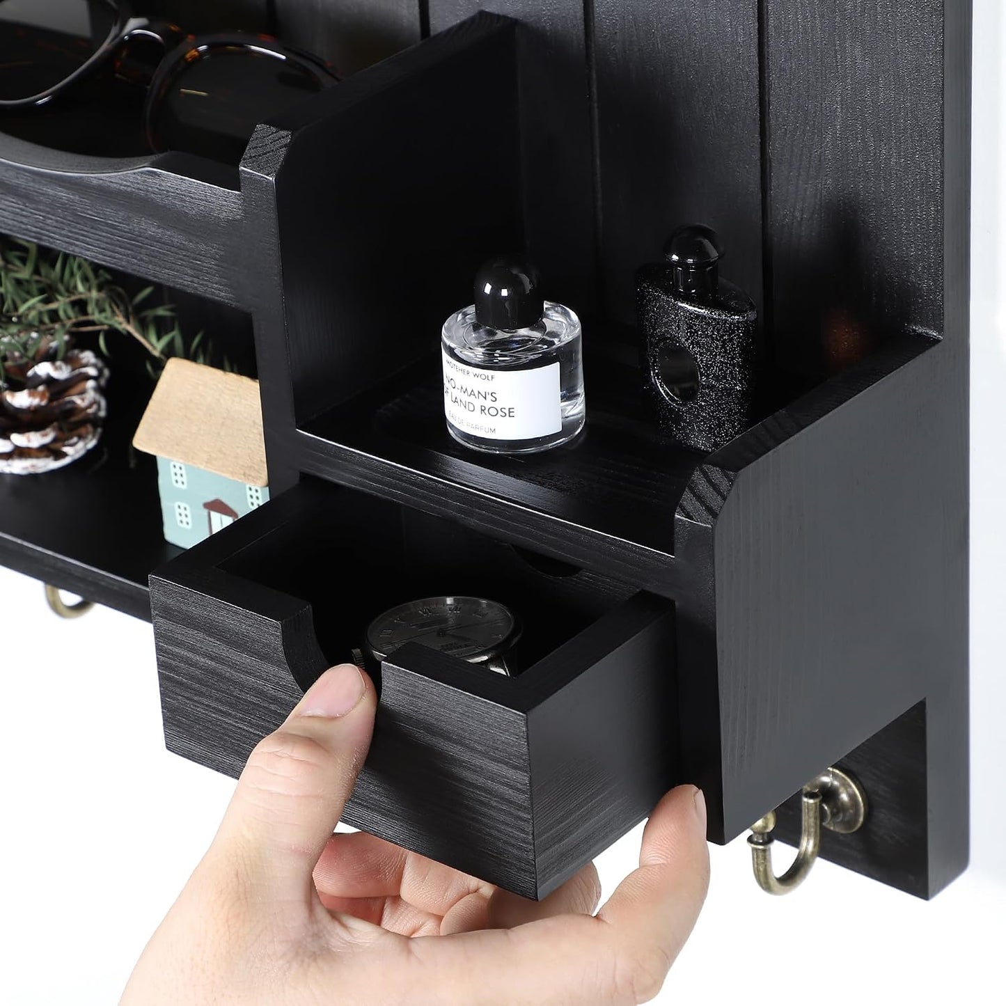 DOPACE Handcrafted Pine Wood Mail Organizer & Key Holder, Black | Hand-polished natural pine wood with storage drawer & 6 hooks, Fine spray paint finish, Easy wall mount