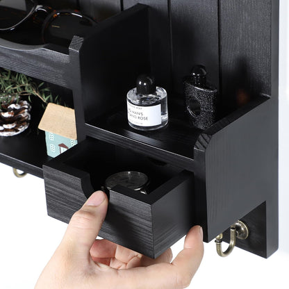 DOPACE Handcrafted Pine Wood Mail Organizer & Key Holder, Black | Hand-polished natural pine wood with storage drawer & 6 hooks, Fine spray paint finish, Easy wall mount