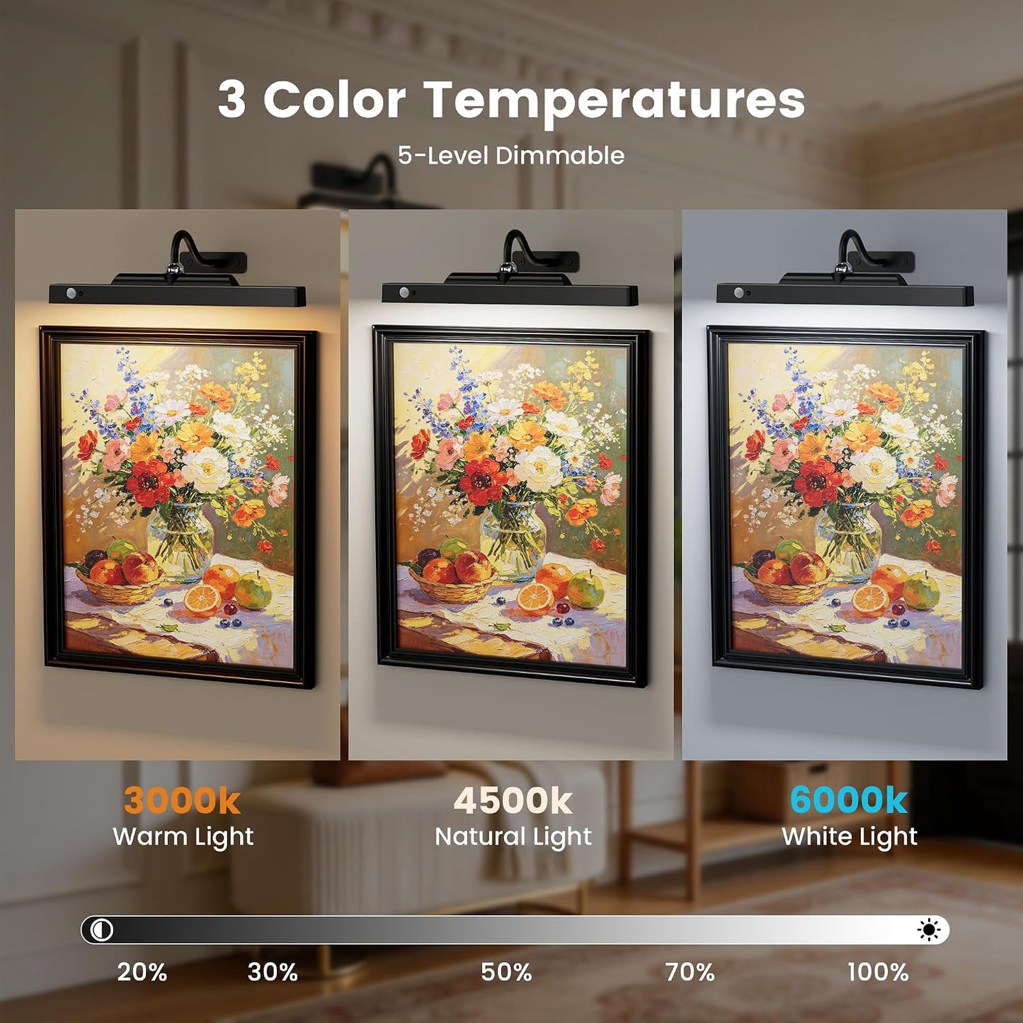 Wireless Picture Light for Wall Art Motion Sensor, 16 Inch, Black, 1 Pack | 5000mAh Rechargeable Battery, Cordless, Magnetic Detachable Bar, 3CCT Dimmable, Remote Control for Paintings and Artworks