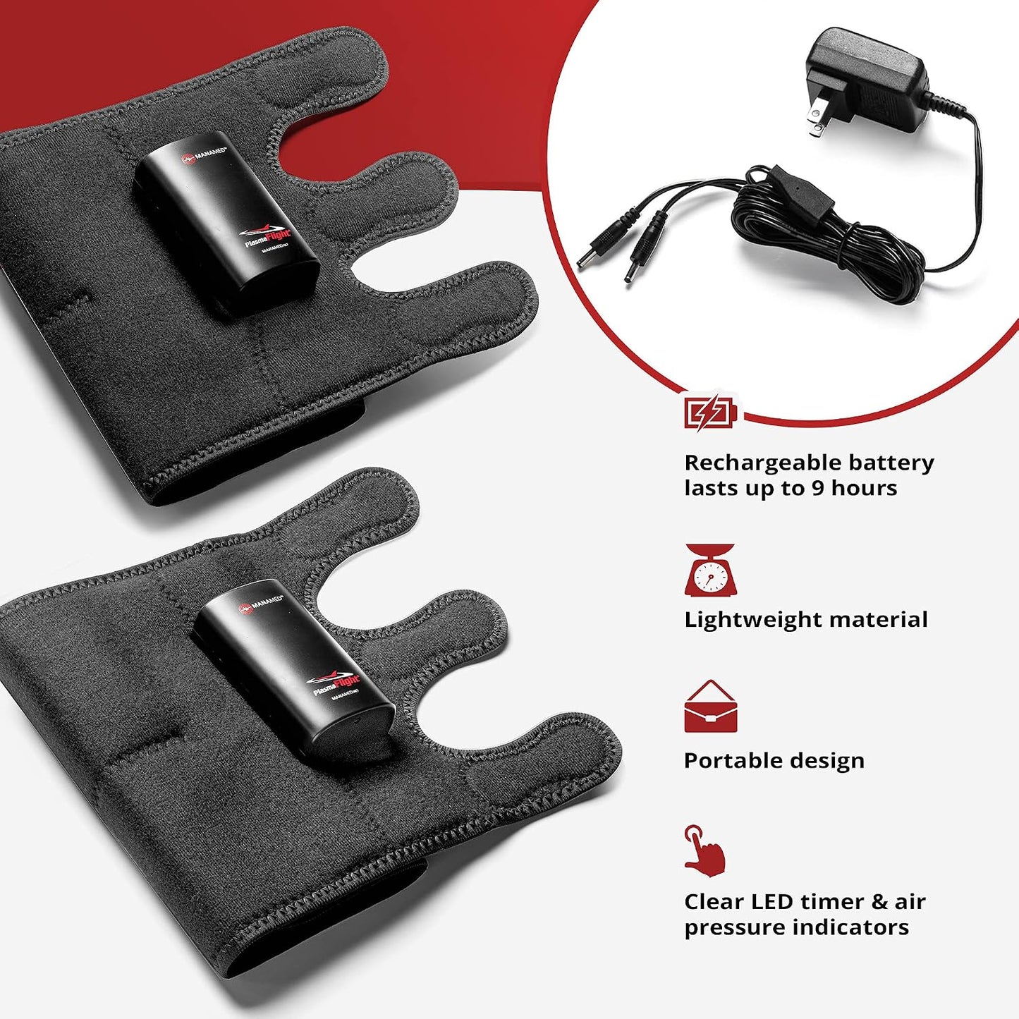 ManaMed PlasmaFlight Calf Muscle & Leg Massager for Pain Relief & Circulation | Approved Kneading Air Massage Leg Sleeve Compression Wrap | Portable Professional SCD Machine for Legs with 2 Modes