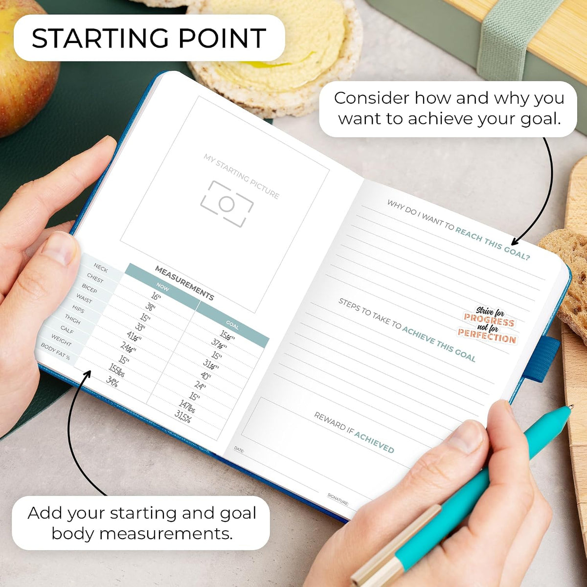 Clever Fox Food Journal for Women & Men, Weight Loss Tracker, Aquamarine