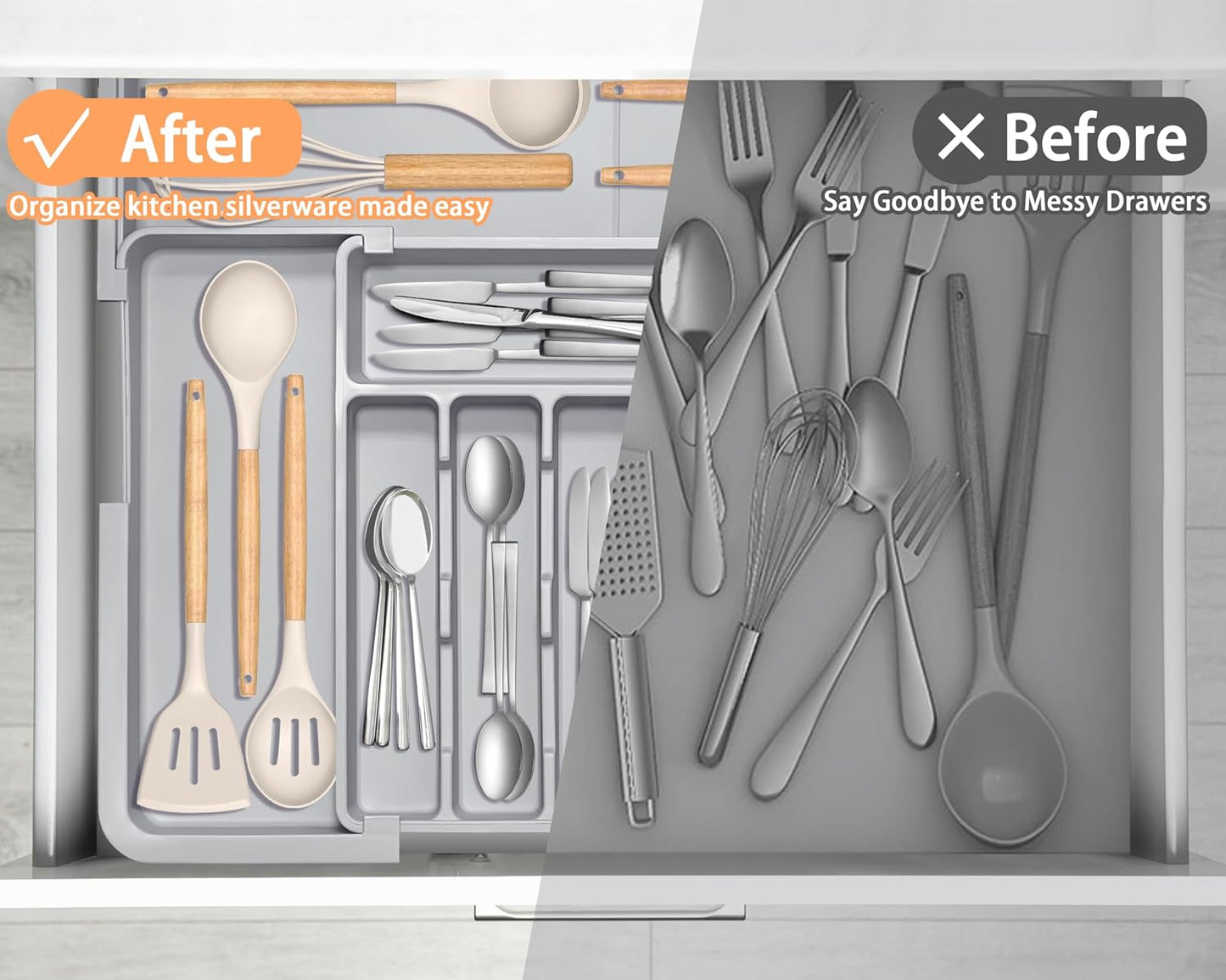 Large Silverware Drawer Organizer Expandable Kitchen Utensil Organizer BPA Free Flatware Cutlery Holder Tray Adjustable Plastic Drawer Divider Storage for Forks Knives 6-9 Slots White