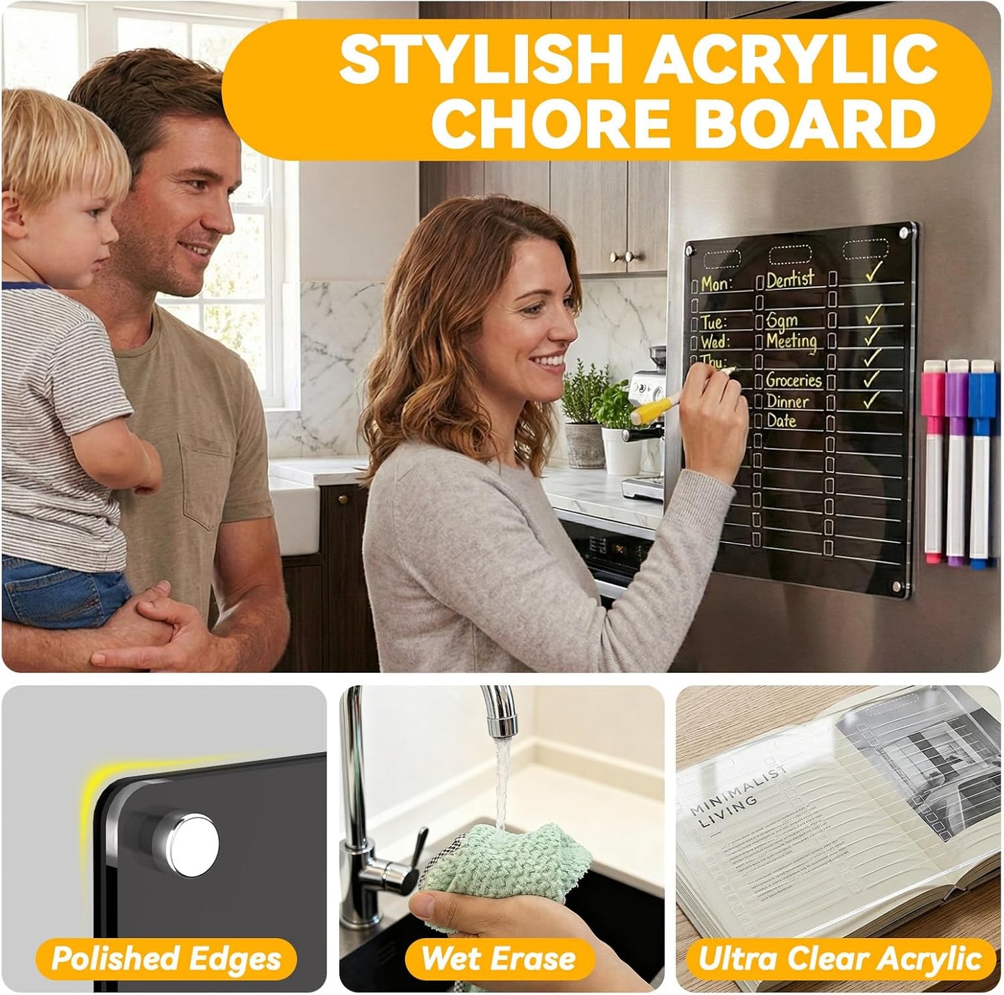 YNGRUE Acrylic Magnetic Dry Erase Board for Fridge - 12"x10"Magnetic to Do List Set w/Clear Acrylic Panel+Black Backing, Refrigerator Grocery Board w/8 Markers&Towel for Teens Adult Family Kids
