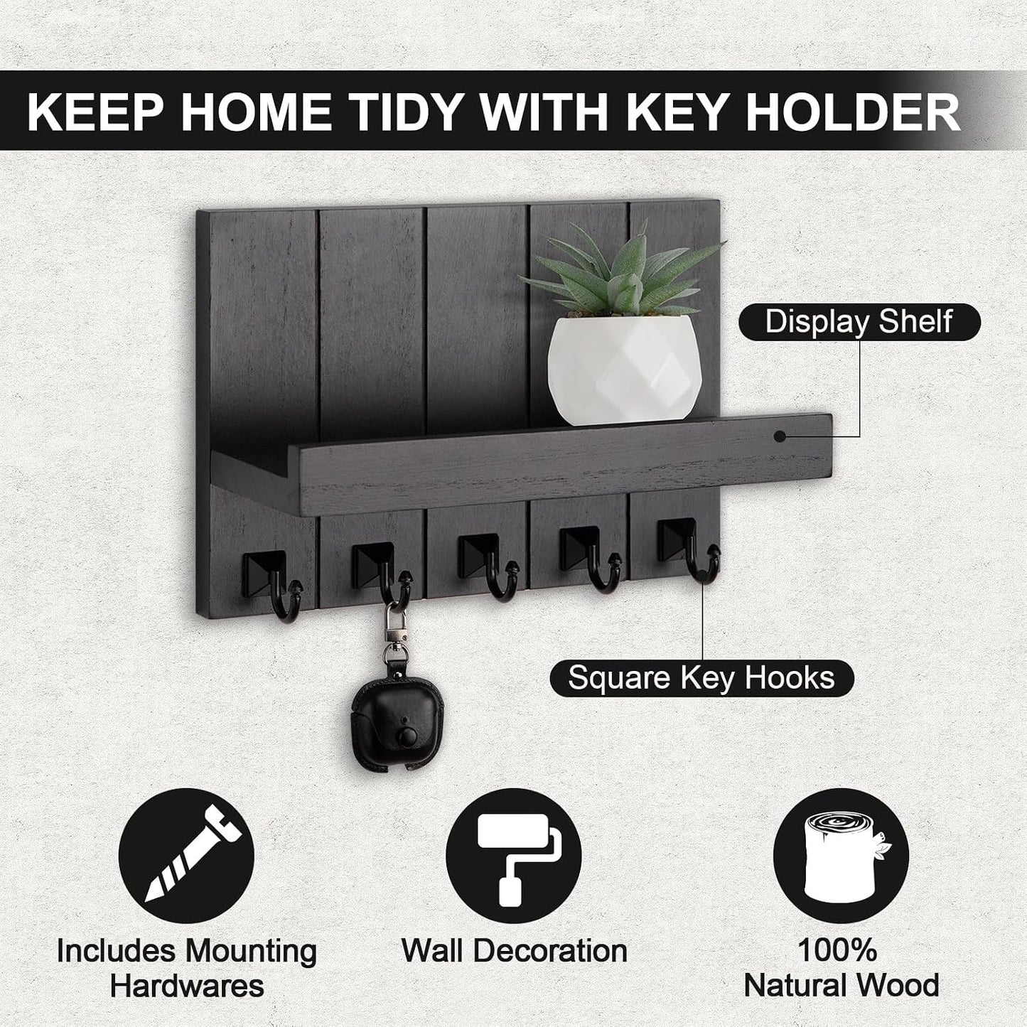 Key Holder for Wall, Decorative Key Holder with Shelf | Key and Mail Holder Wall Mount, Farmhouse Decor with 5 Key Hooks for Keys, Coats, ect.