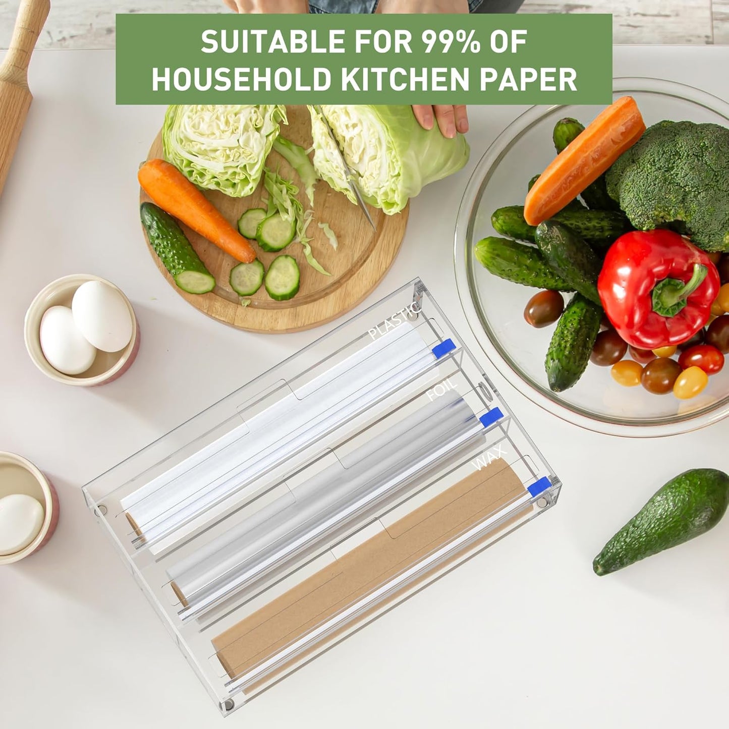 3 in 1 Clear Acrylic Foil, Plastic Wrap Organizer with Cutter | Kitchen Storage, Aluminum Foil Dispenser, Wax Paper Holder, For Drawer or Wall Mount, Fits 12 Inch Roll