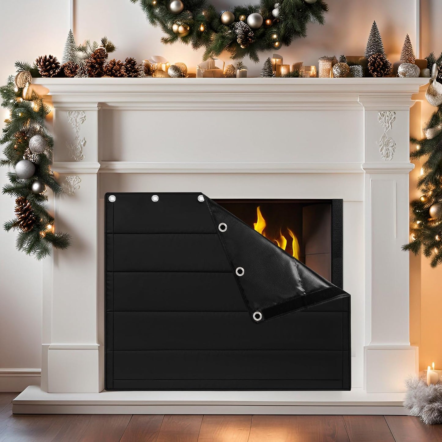 Fireplace Draft Cover - Draft Stopper Blanket with Hook & Loop Tapes, Stops Heat Loss & Cold Air, Energy-Saving Indoor Fireplace Blocker, 39"x32" Black