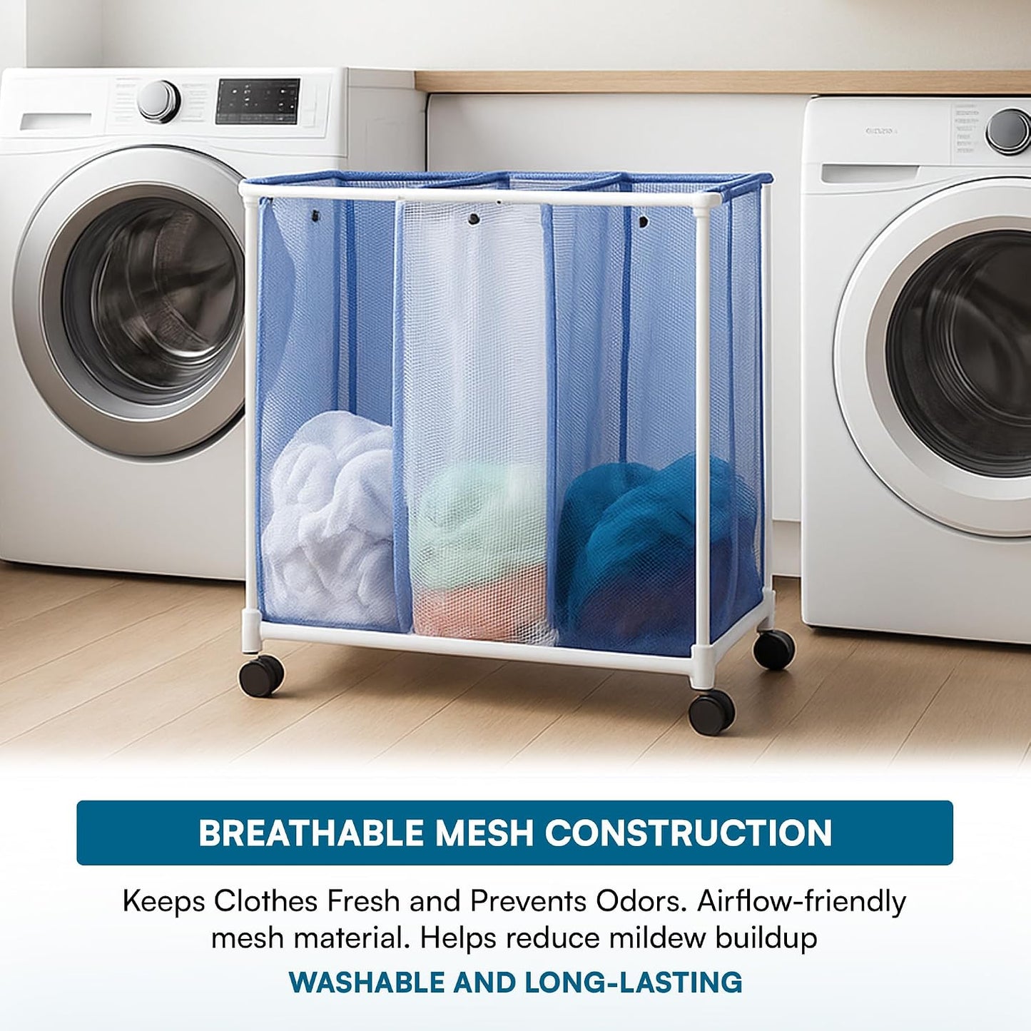 Honey-Can-Do HMP-01629 3 bag mesh laundry sorter, 30.5" x 15.3" x 30" , Blue/White