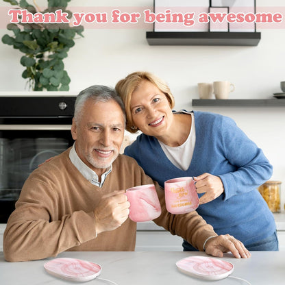 Nitial Thank You Coffee Warmer with Mug Set for Women Thank You for Being Awsome Pink Marble Mug Warming Set Employee Appreciation Gifts Birthday Gift for Coworker Volunteer Teacher