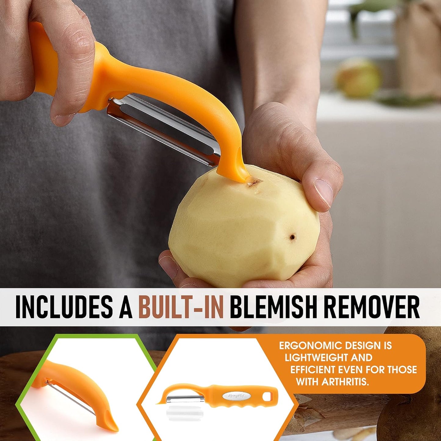 Spring Chef Swivel Potato Peeler for Kitchen w/ Soft Grip Handle, Mango | Premium Vegetable Peeler w/ Sharp Stainless Steel Blades, Multifunctional Food Peeler for Apple, Carrot, Cucumber, Fruit