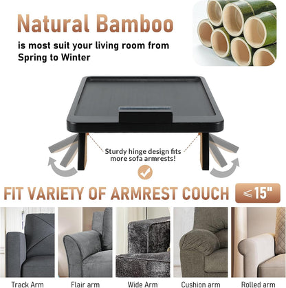 Couch Arm Tray,Bamboo Sofa Clip on Side Table,Foldable Couch Armrest Table with 360°Rotating Phone Holder,Anti Slip Food Trays for Eating/Drinks/Snacks/Remotes 15.35" x 9.85"