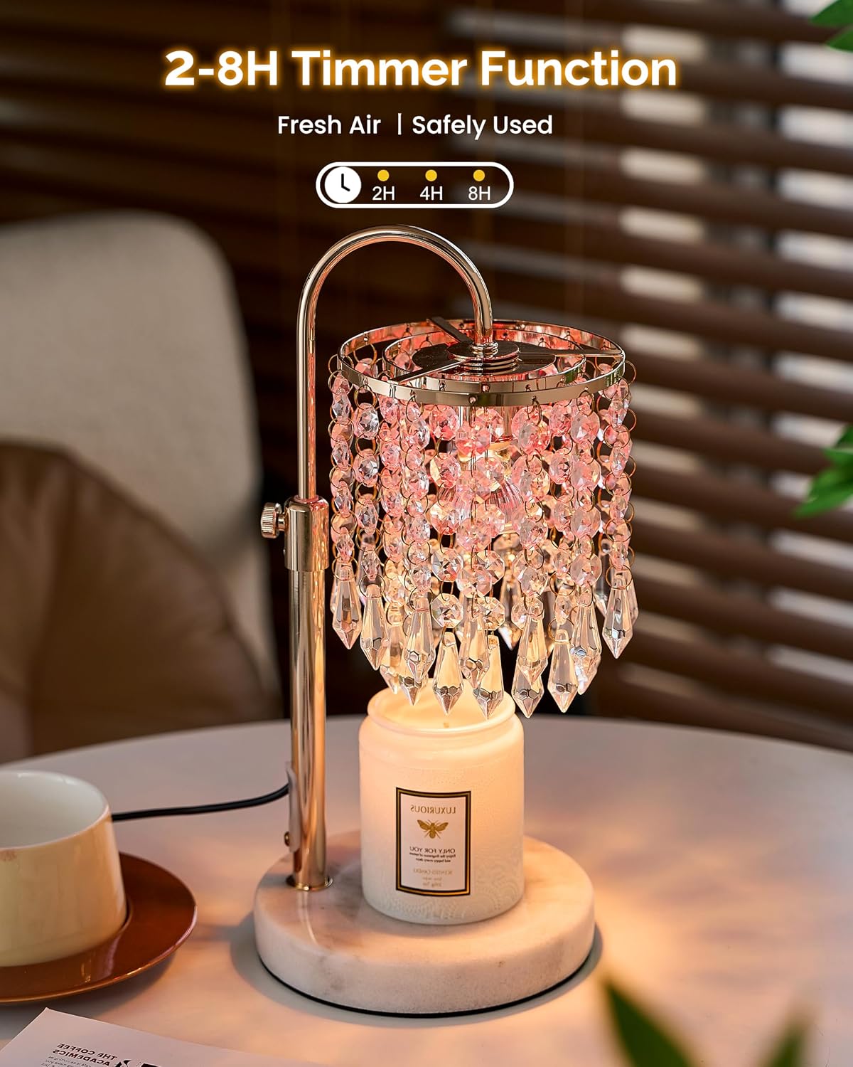 Candle Warmer Lamp with Timer Dimmer and 3 Bulbs, Candle Lamp Warmer with Marble Base for Adjustable Height, Crystal Candle Lamp for Jar Candles, House Warming Gifts Home Room Decor, Silver