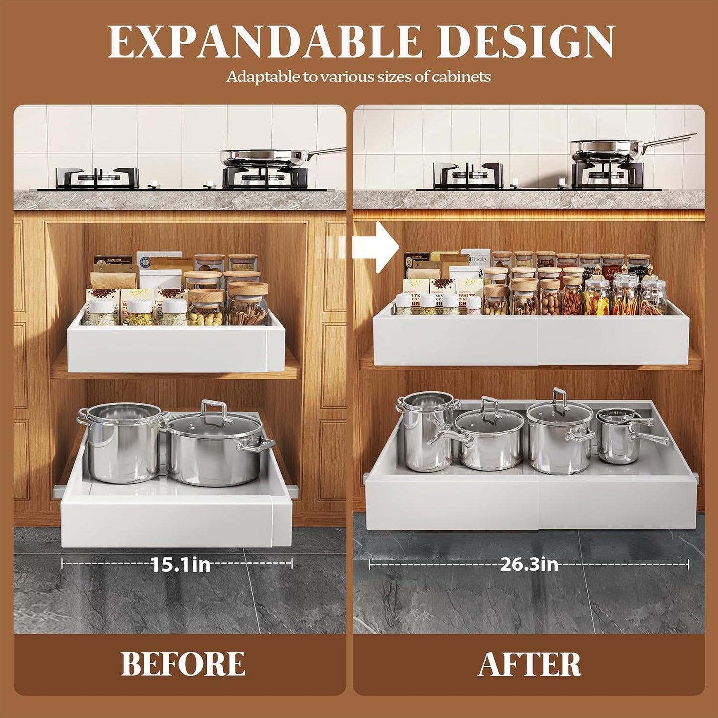 Seinloes 4 Pack Expandable Pull Out Cabinet Organizer 21"Deep With Raising Pad for Framed Cabinets,Upgrade 3 Slide Rails Slide Out Drawers,No Drill Roll Out Shelves,Adjustable Width 12.1"-20.4" White