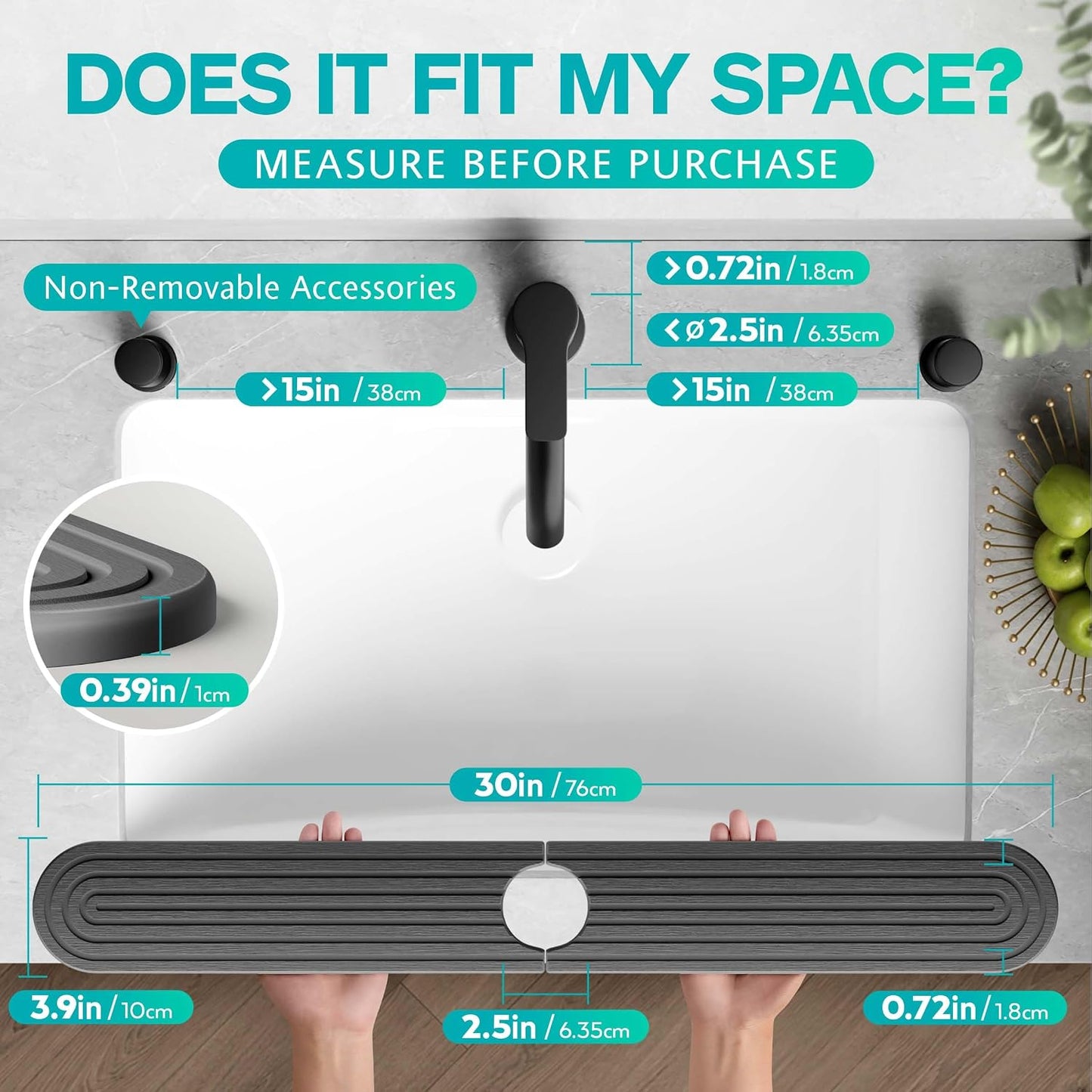 Stone Faucet Mat for Kitchen Sink – Diatomite Fast-Drying Stone Tray, Faucet Mat Sink Splash Guard, Decorative Sink Protector for Kitchen Bathroom Counter (Light Grey, 20''x3.9'')