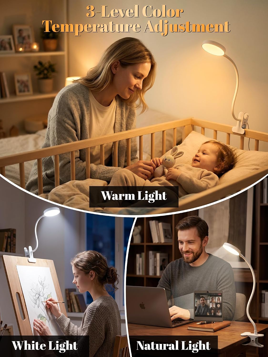 Clip on Lamp,10 RGB Colors+10 Brightness Bright Desk Lamp with Clamp Light | 500 Lumen Eye Care 72 LED Desk Light with USB Adapter,Clip on Reading Light for Bed/Headboard/Bedside Table/Bedroom/Dorm Lamp
