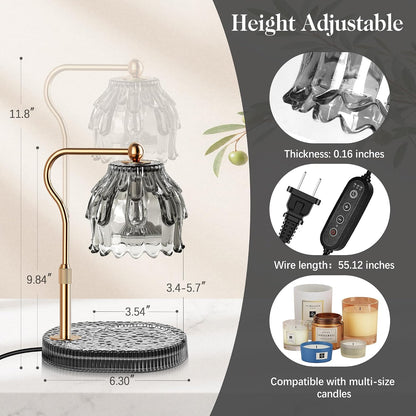 Candle Warmer Lamp with Timer Dimmer, Modern Wax Warmer for Scented Wax Jar Candle Warmer with 2 Bulbs, Adjustable Height Glass Lamp for Gifts for Women, Home Decor, Gold Amber