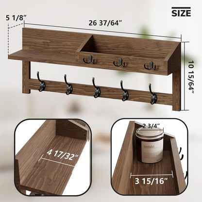 AMBIRD Wall Hooks with Shelf, 26.57 Inch Entryway Wood Coat Hooks for Wall with Shelf, Coat Rack Wall Mount with 5 Dual Hooks 3 Key Hooks Mail Organizer and Key Rack Holder (Brown)