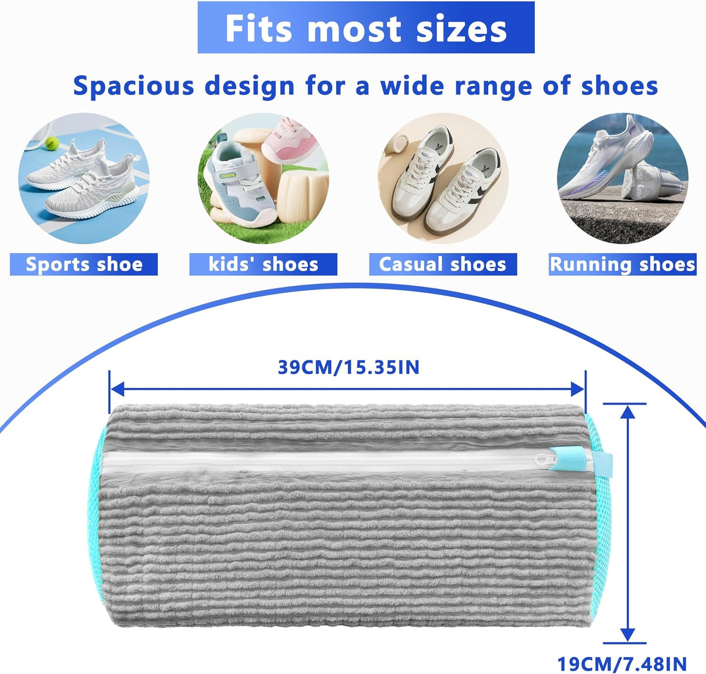 Reusable Shoe Washing Bag, 2-Pack Chenille Laundry Bag for Washer & Dryer. | Soft chenille fibers help deep clean sneakers while the hidden zipper keeps shoes secure and helps protect your washer.