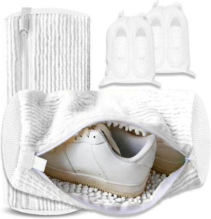 Reusable Shoe Washing Bag, 2-Pack Chenille Laundry Bag for Washer & Dryer. | Soft chenille fibers help deep clean sneakers while the hidden zipper keeps shoes secure and helps protect your washer.