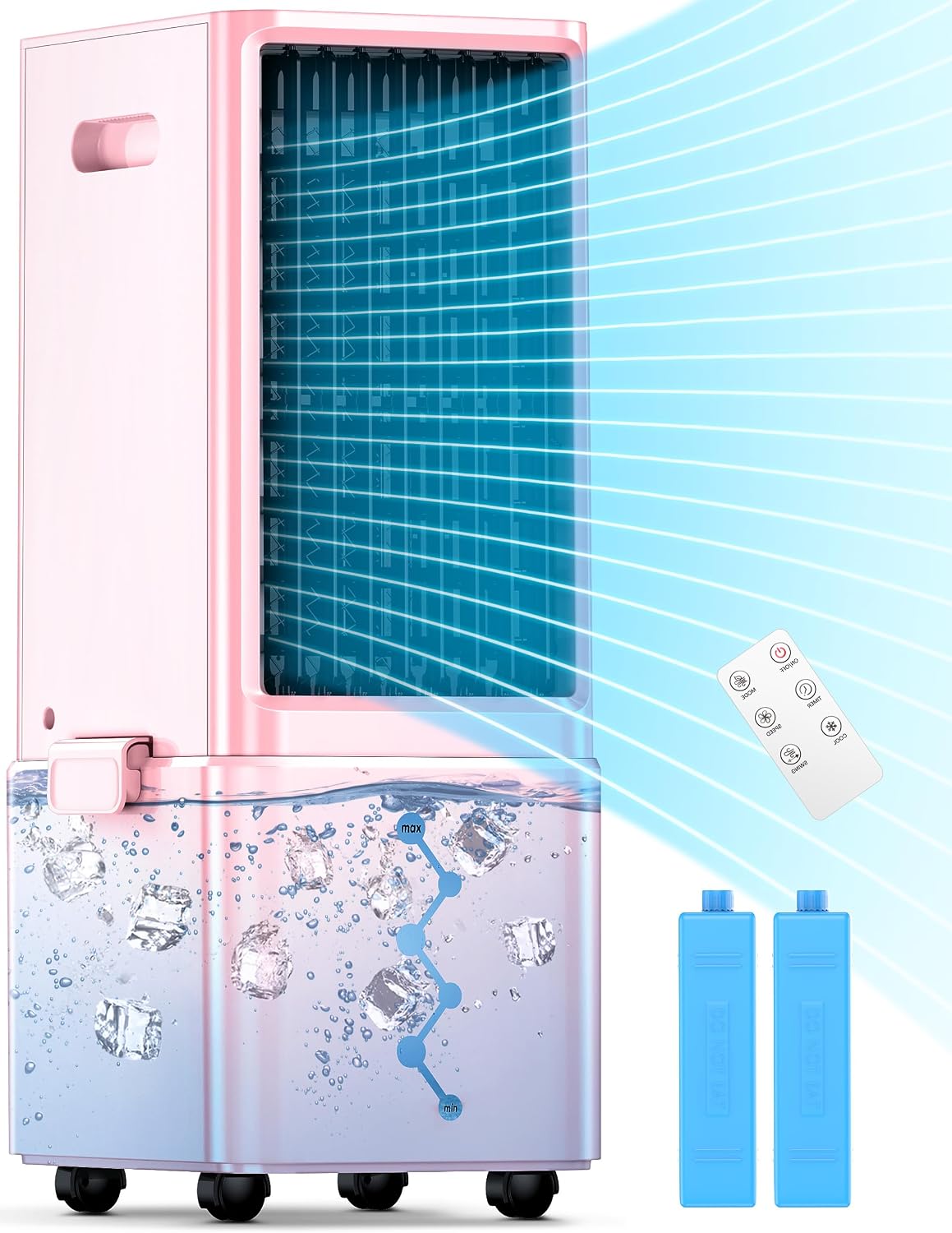 Portable Air Conditioners 4 Modes&3 Speeds,4 Ice Packs, Waterless Alert System, 12H Timer, Remote,1 Gal Detachable Water Tank, 70°Oscillation Windowless Evaporative Air Cooler for Room Office