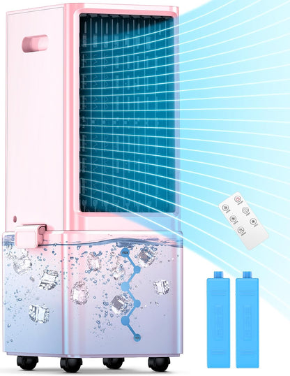 Portable Air Conditioners 4 Modes&3 Speeds,4 Ice Packs, Waterless Alert System, 12H Timer, Remote,1 Gal Detachable Water Tank, 70°Oscillation Windowless Evaporative Air Cooler for Room Office