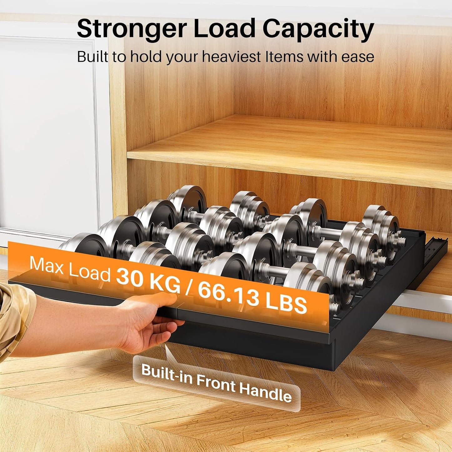 Pull out Cabinet Organizer, 1-Pack Expandable(13.6"-24") Silde out Drawers with Raising Pad for Framed Cabinets, Adjustable Full-Extension Adhesive Roll out Shelves for Kitchen Pantry Home Pot and Pan
