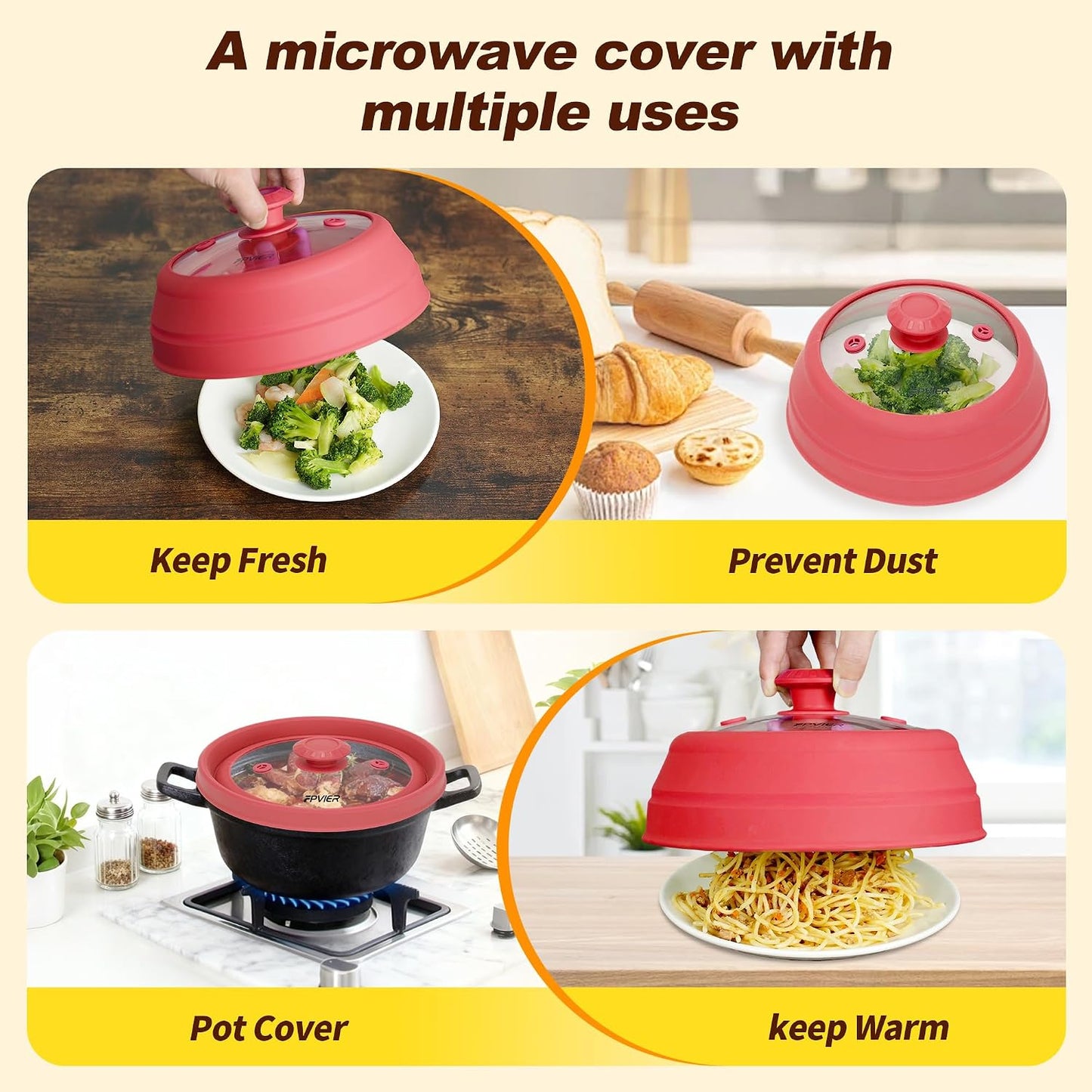 Microwave Splatter Cover, Vented Silicone & Glass Anti-Splatter Lid with Handle, Collapsible Food Plate Cover Fits 6–11 Inch Plates and Bowls (Black, 10.8inch)