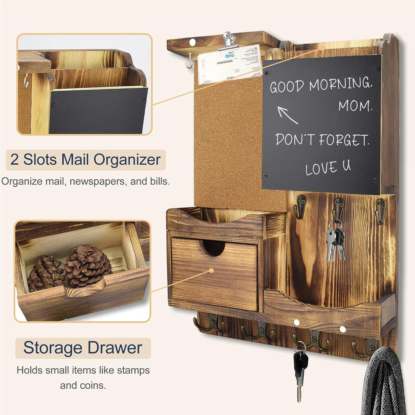 Key Holder for Wall Mount with Shelf and Mail Organizer, Key and Mail Holder with 16 Hooks, Farmhouse Entryway Organizer, Home Decor Rack (Pine Wood, White Washed)