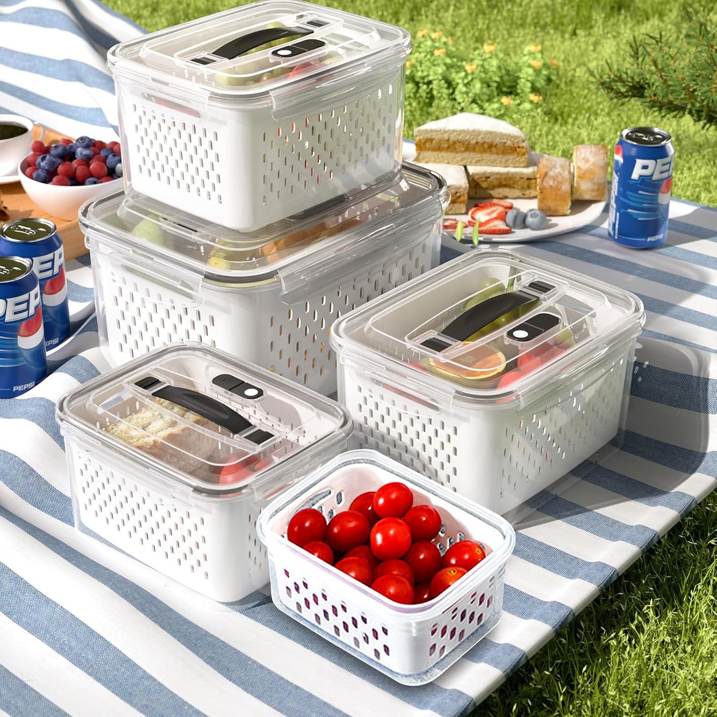 3Pack Fridge Food Storage Container Set with Lids with Strainer, Fruit Vegetable Storage Containers Keep Fruits, Vegetables, Berry, Meat Fresh longer, BPA-Free Plastic Produce Keepers