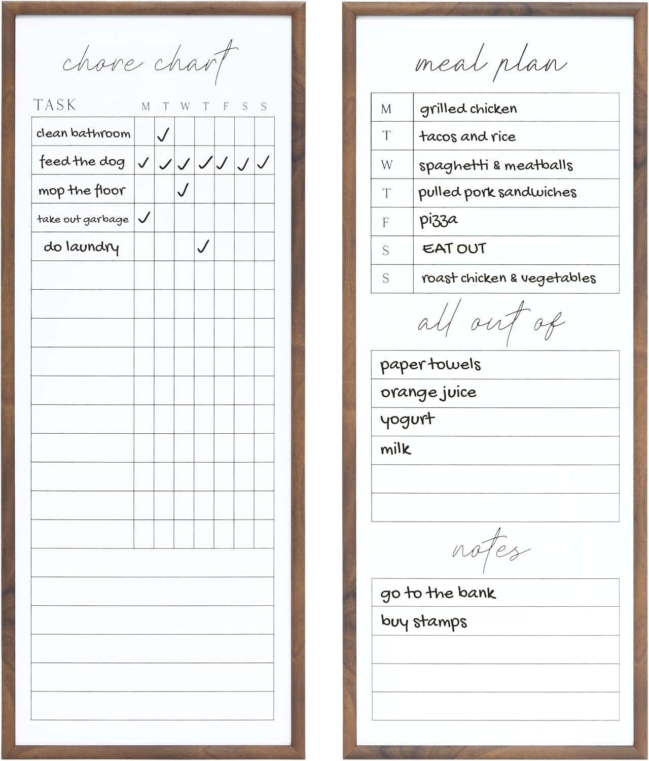Sheffield Home Set of Two Family Planner Dry Erase Boards Featuring, Chore Chart, Shopping List, Weekly Meal Planner and Notes, 9x21 Inch, Natural