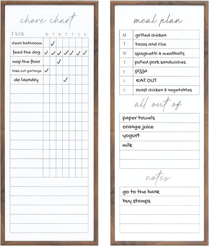 Sheffield Home Set of Two Family Planner Dry Erase Boards Featuring, Chore Chart, Shopping List, Weekly Meal Planner and Notes, 9x21 Inch, Natural