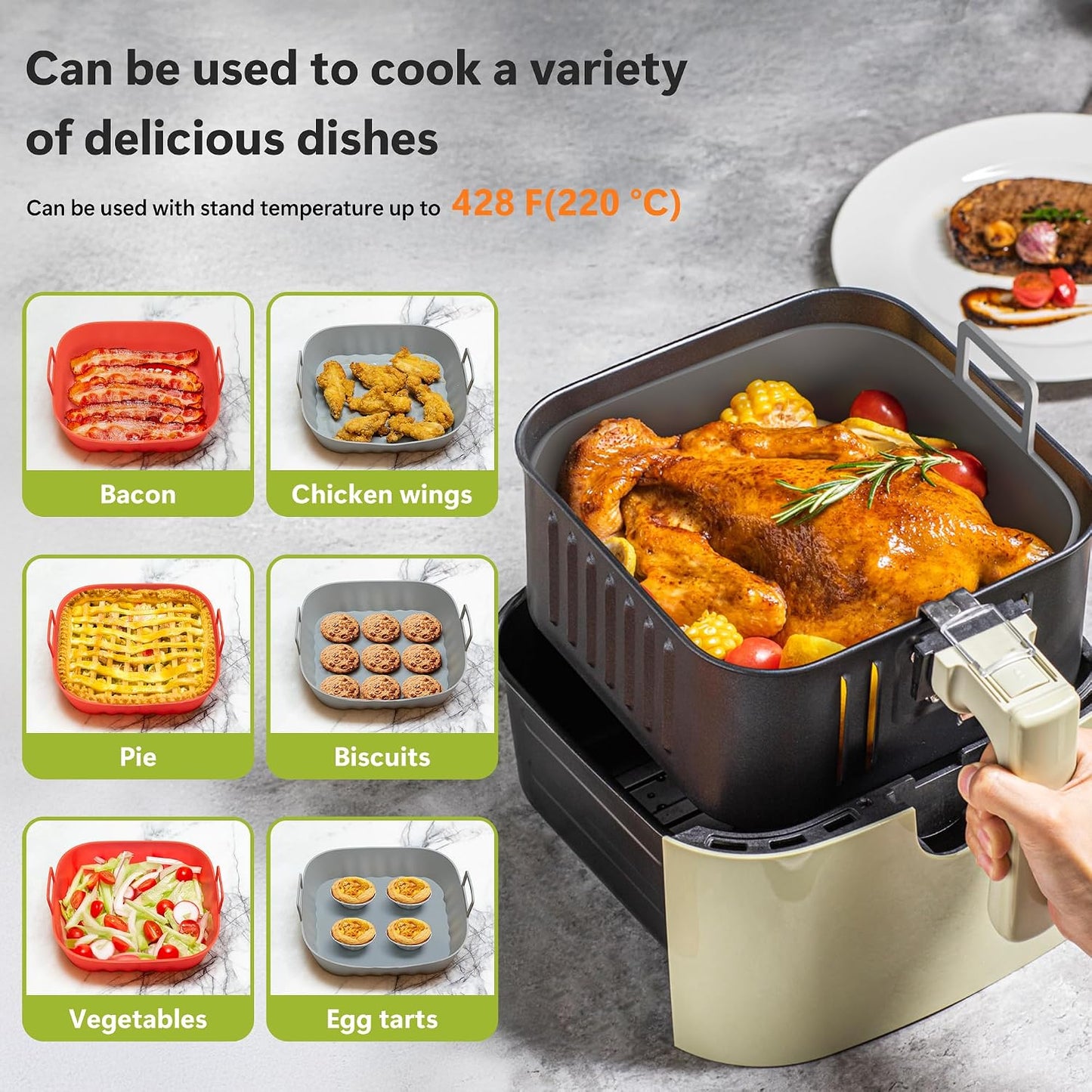 Li&Zhao Silicone Air Fryer Liners Reusable - 2 PCS Square Air Fryer Inserts Air Fryer Accessories 4 to 7 Qt Silicone Liners Basket for Kitchen (Red & Gray)