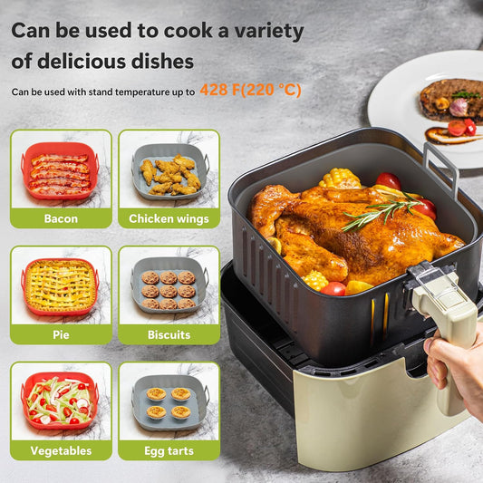 Li&Zhao Silicone Air Fryer Liners Reusable - 2 PCS Square Air Fryer Inserts Air Fryer Accessories 4 to 7 Qt Silicone Liners Basket for Kitchen (Red & Gray)