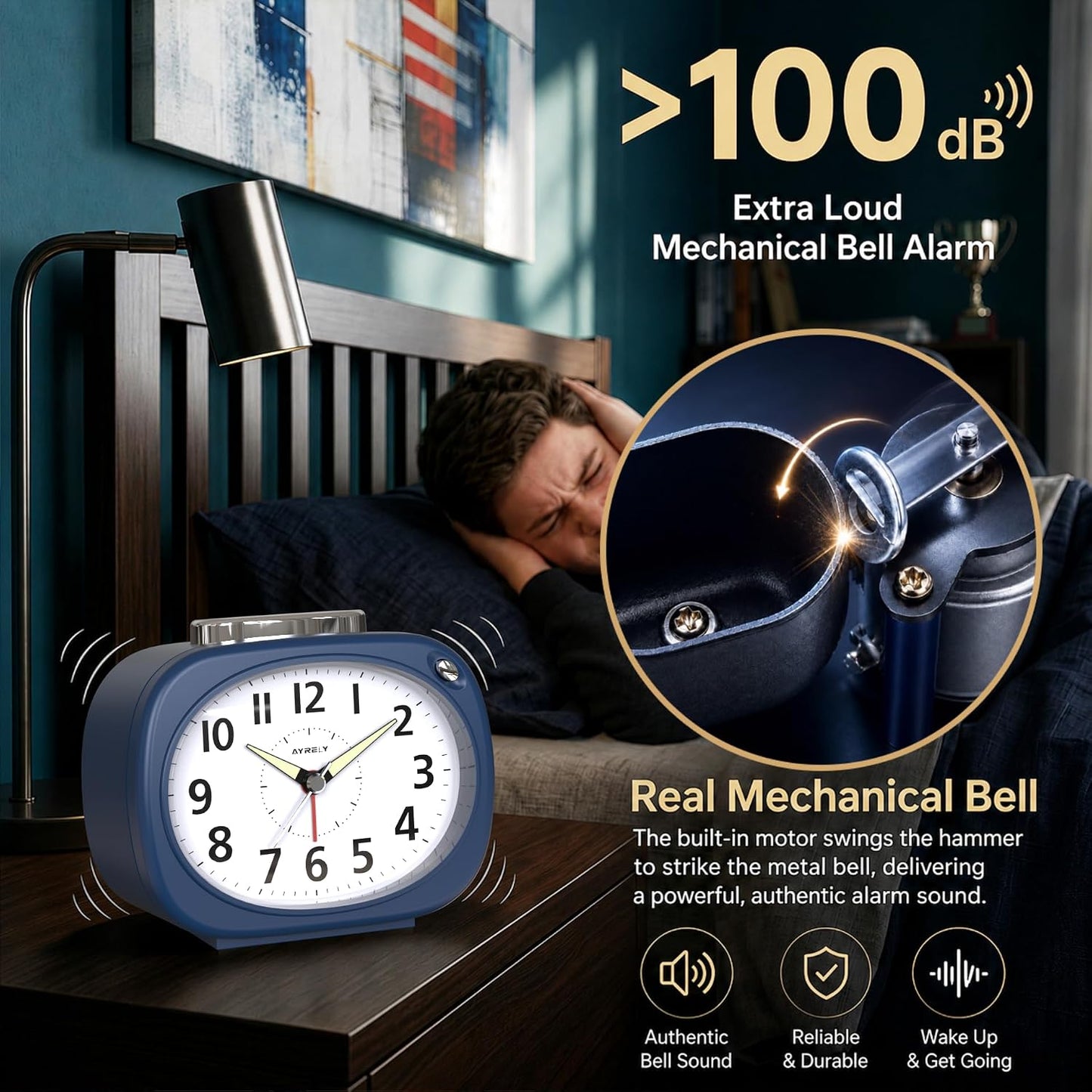 AYRELY® 4.5" Loud Analog Alarm Clock for Heavy Sleepers, 100 dB Alarm Sound | Mechanical Bell, Silent Quartz Desk Clock and Table Clock with 10-Second Night Light, Luminous Hands for Bedroom and Bedside