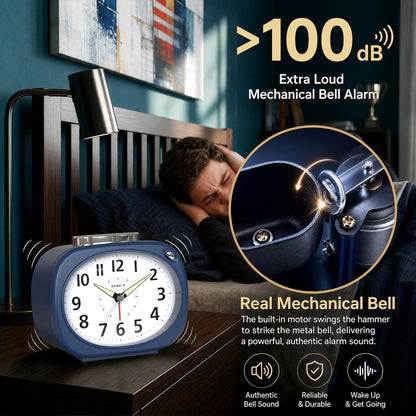 AYRELY® 4.5" Loud Analog Alarm Clock for Heavy Sleepers, 100 dB Alarm Sound | Mechanical Bell, Silent Quartz Desk Clock and Table Clock with 10-Second Night Light, Luminous Hands for Bedroom and Bedside