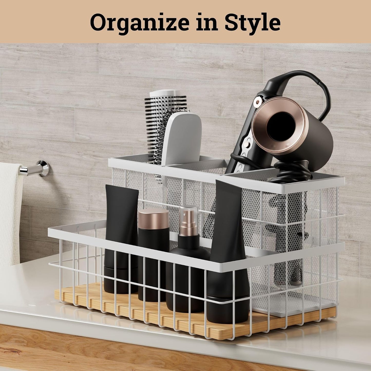 Hair Tool Organizer Countertop, Breathable Metal & Bamboo, Heat-Resistant | No Assembly Required, Removable Baskets, Heat-Resistant Iron, Bamboo Base, Spacious & Breathable Hot Tools Organizer Vanity