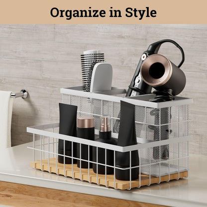 Hair Tool Organizer Countertop, Breathable Metal & Bamboo, Heat-Resistant | No Assembly Required, Removable Baskets, Heat-Resistant Iron, Bamboo Base, Spacious & Breathable Hot Tools Organizer Vanity