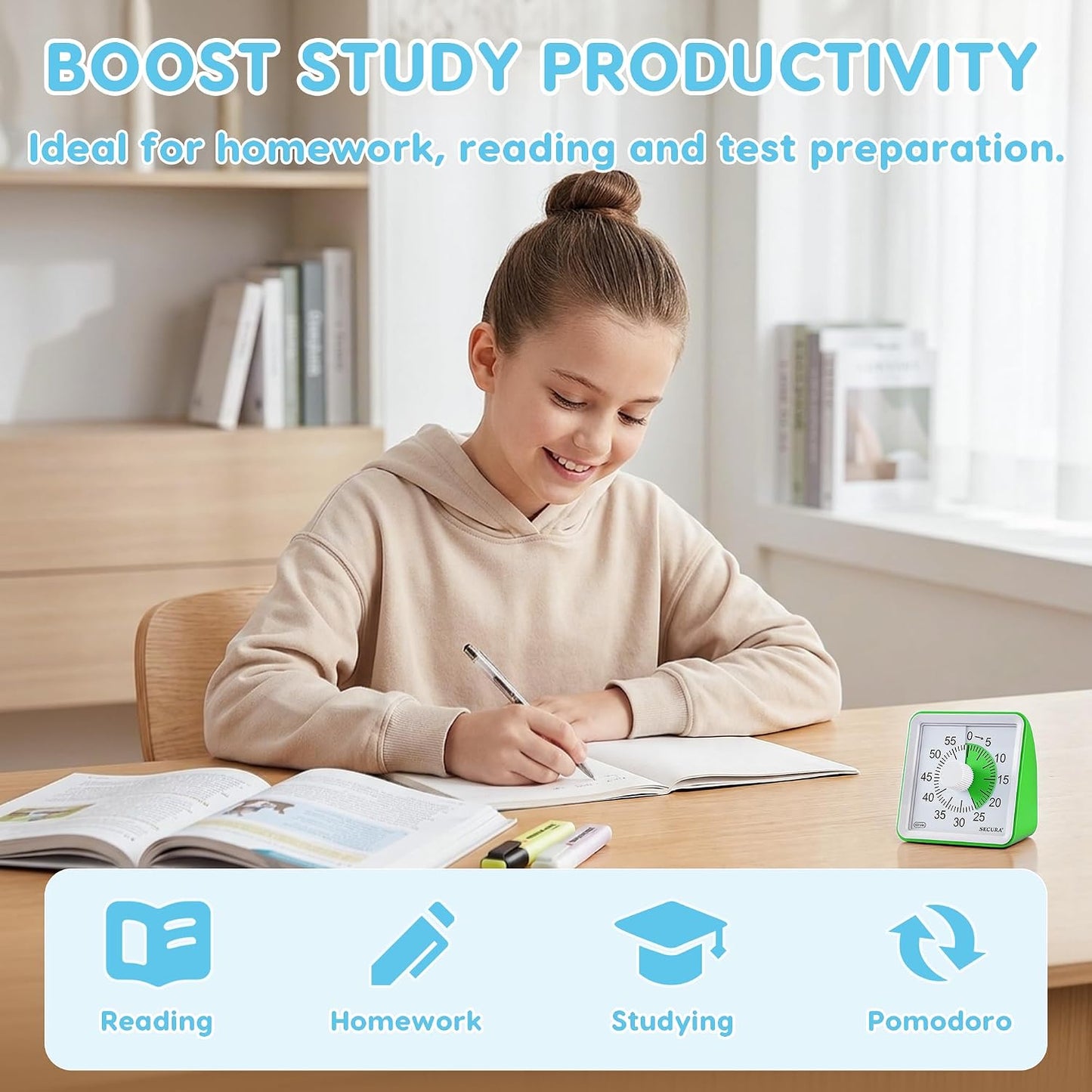 Secura 60-Minute Visual Timer, Classroom Timer, Countdown Timer for Kids and Adults, Time Management Tool for Teaching (Green & Green)