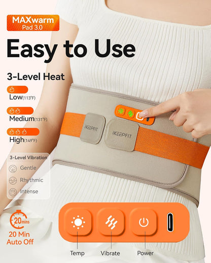 IKEEPFIT Portable Heating Pad for Back, Cordless Wearable Heat Belt with Massager for Lower Back Pain Relief, Battery Powered 8000 mAh Rechargeable, MAXwarm® 3.0, Gift for Women Men 90-310 lbs