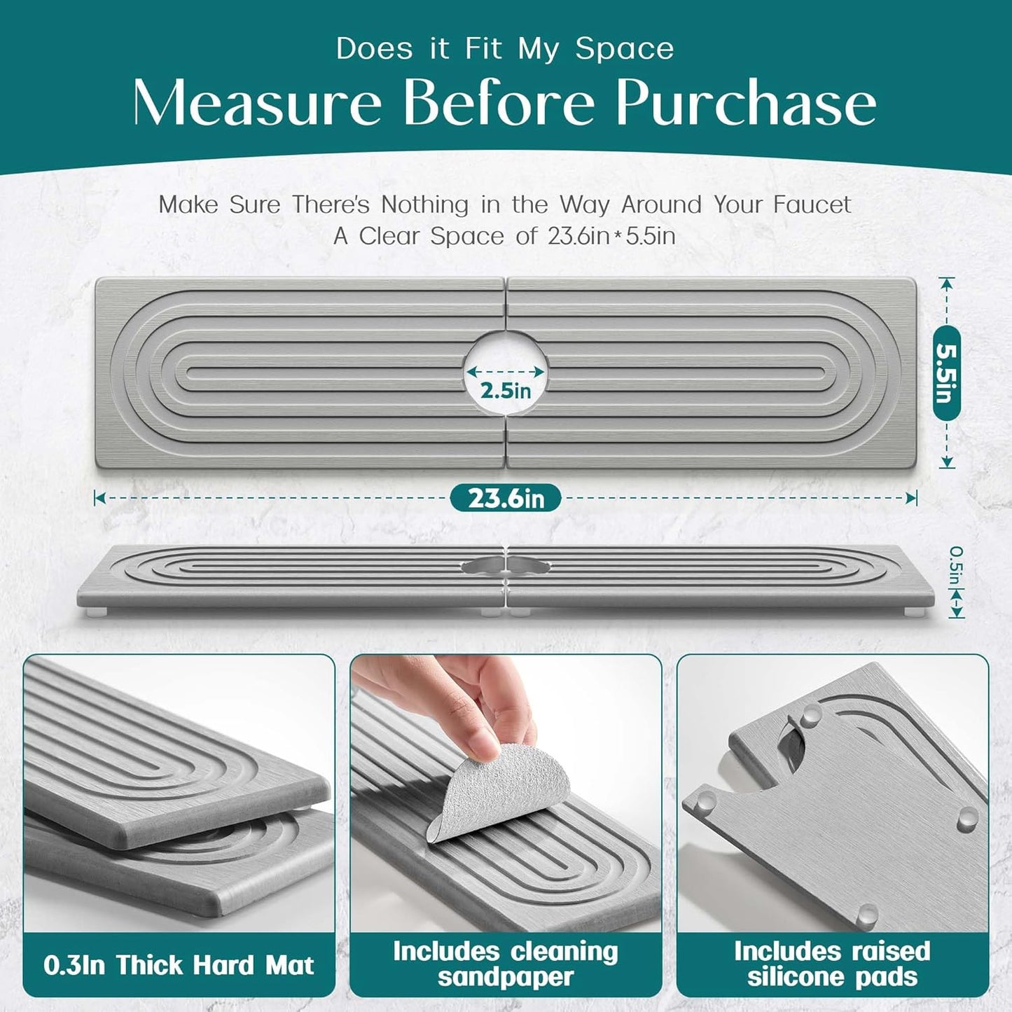 Stone Faucet Mat for Kitchen Sink – Diatomite Drying Stone Mat & Sink Protector, Prevents Moisture – Sink Splash Guard Water-Absorbing Stone Tray for Bathroom Counter (Light Grey, 20" x 3.9")