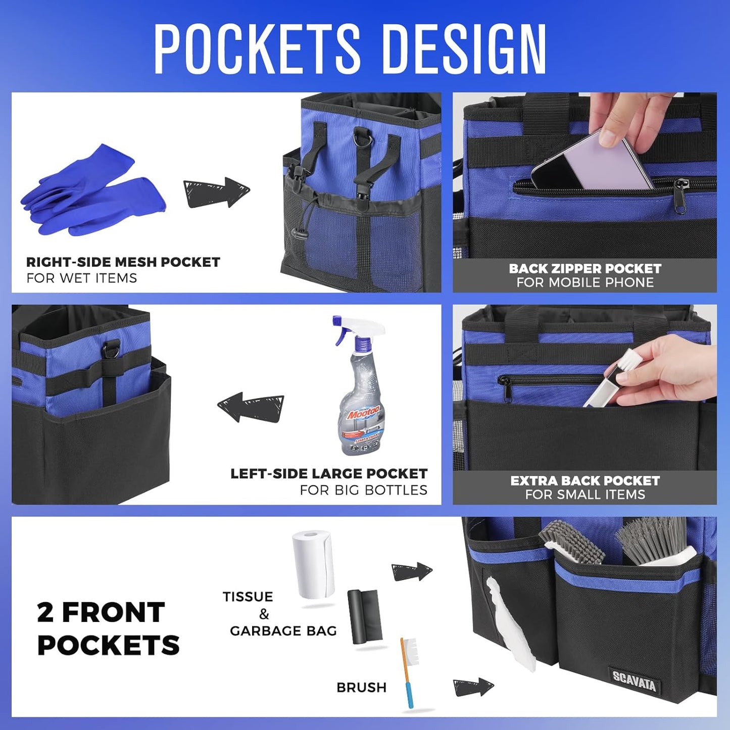SCAVATA Compact Wearable Cleaning Caddy with Handle & Shoulder Straps | Small Cleaning Supplies Organizer, Under Sink & Car Cleaning Tools Storage Bag for Housekeepers Cleaners, Black