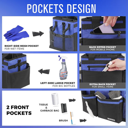 SCAVATA Compact Wearable Cleaning Caddy with Handle & Shoulder Straps | Small Cleaning Supplies Organizer, Under Sink & Car Cleaning Tools Storage Bag for Housekeepers Cleaners, Black