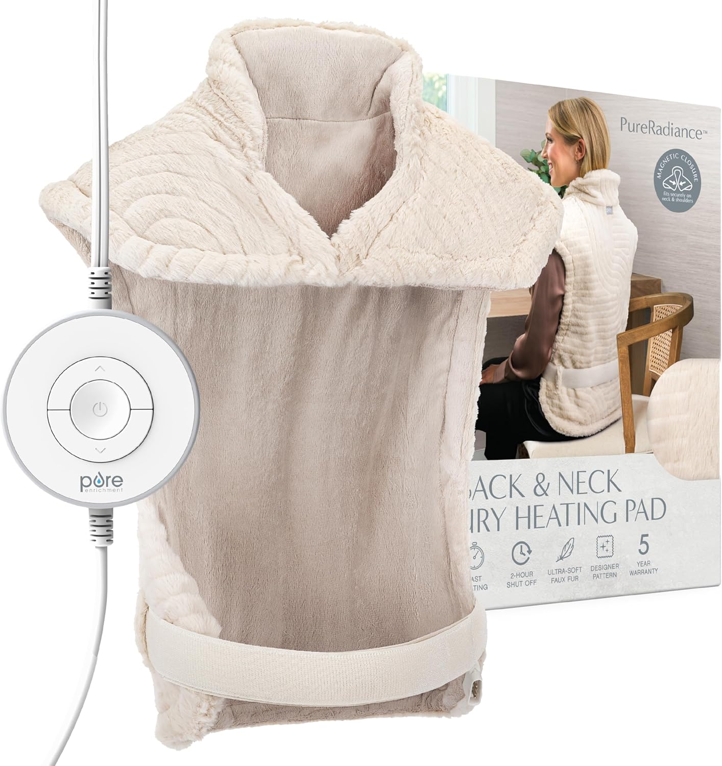 Pure Enrichment PureRadiance Back & Neck Luxury Heating Pad for Pain Relief, Patented Design, Soft Faux Fur & Micromink, 6 Heat Settings, Machine Washable, Universal Fit, 31.5” x 24” (Golden Sands)