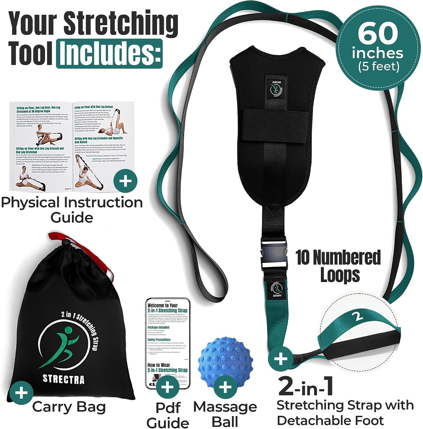 Stretch Strap with Loops Physical Therapy - Full Body Exercise Straps for Stretching with Detachable Foot - Leg & Calf Stretcher for Plantar Fasciitis, Physical Therapy, Pain Relief, and Flexibility