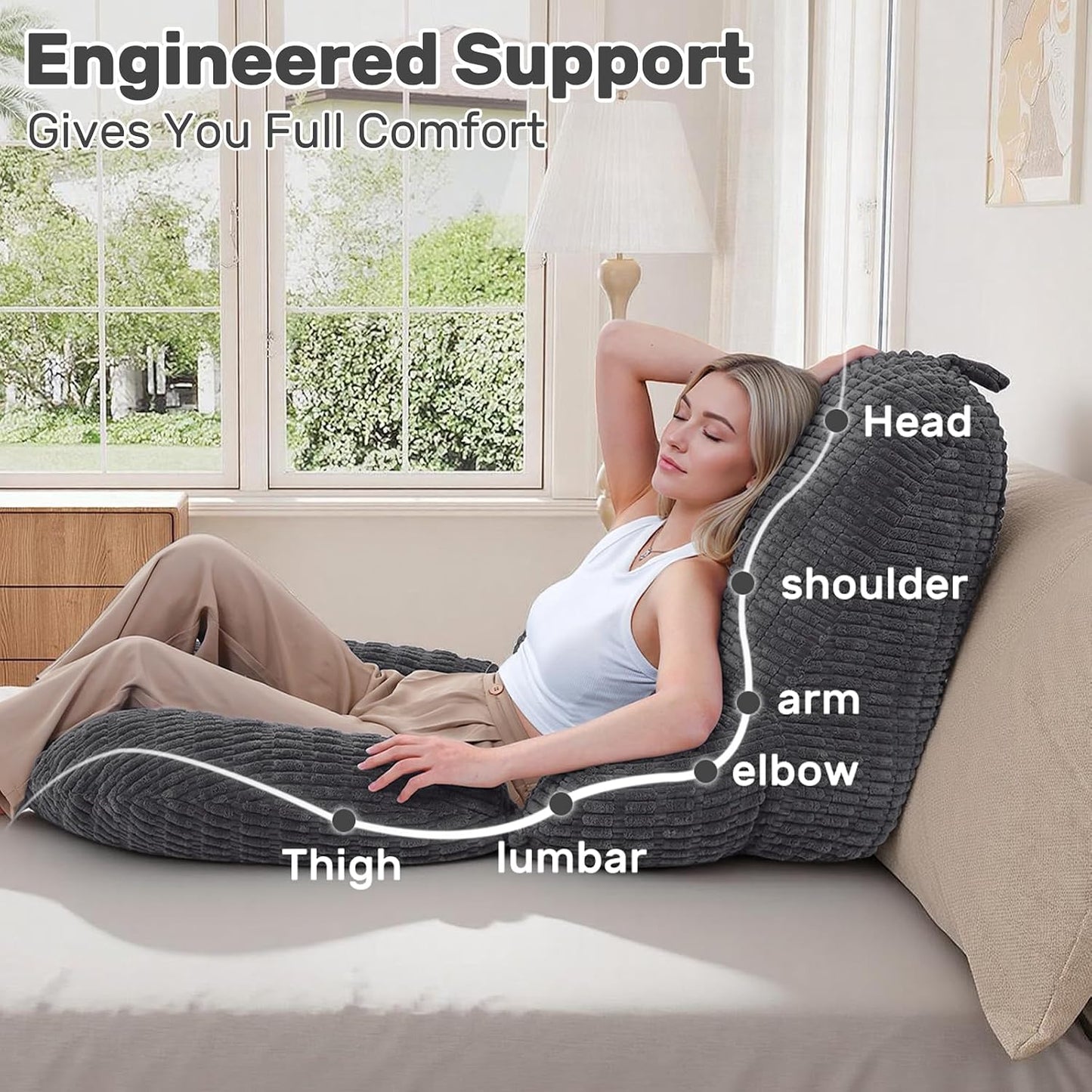 Reading Pillow for Bed, Backrest Pillow with Arms for Adult | Bed Pillow for Sitting Up, Back Support Pillows for Sleeping, Reading and Gaming with Shredded Memory Foam, Gray