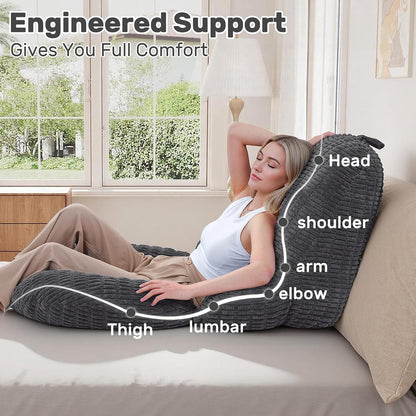 Reading Pillow for Bed, Backrest Pillow with Arms for Adult | Bed Pillow for Sitting Up, Back Support Pillows for Sleeping, Reading and Gaming with Shredded Memory Foam, Gray