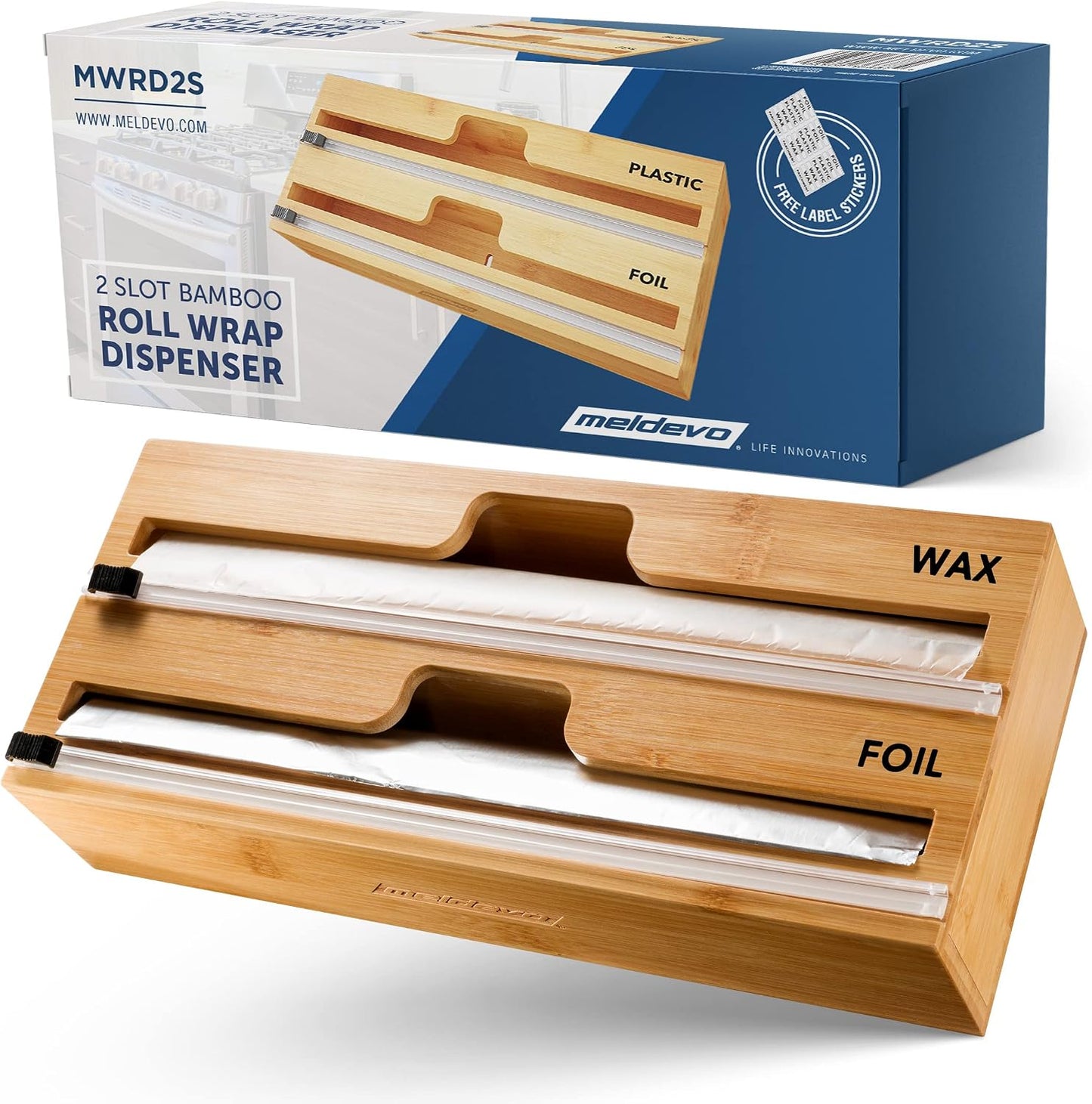 2 in 1 Wrap Dispenser with Cutter and Labels, Plastic Wrap, Aluminum Foil and Wax Paper Dispenser for Kitchen Drawer, Bamboo Roll Organizer Holder, Compatible with 12" Roll